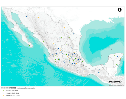Distribución y localización de los 121 municipios incorporados al programa Pueblos Mágicos, periodo 2001 – 2018.