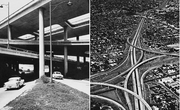 The junction between the Santa Ana and Harbor freeways (left) and the crossing of the Santa Monica Freeway with the San Diego freeway (right).