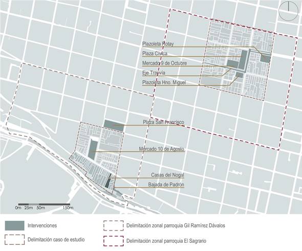 Ubicacin casos de estudio (M9O y M10A) e intervenciones arquitectnicas.