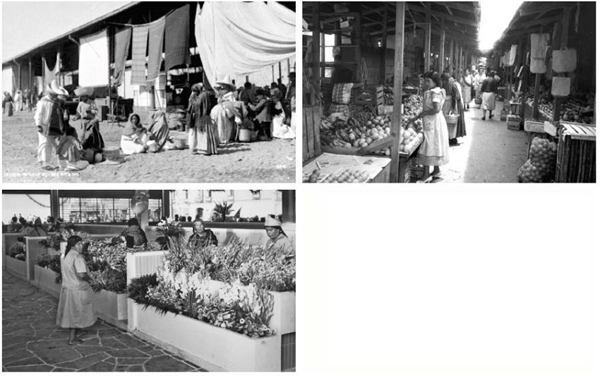 Xochimilco: tianguis en febrero de 1920; mercado viejo en septiembre de 1957; inauguración del nuevo mercado en octubre de 1957.