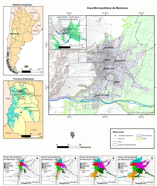 Ubicaci&oacute;n del &Aacute;rea Metropolitana de Mendoza y cambio de la forma urbana desde 1970 hasta 2017.