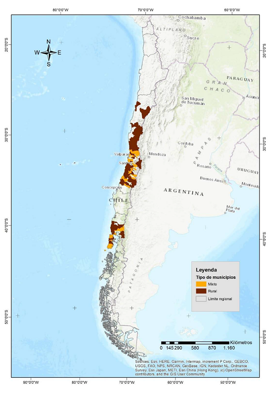 Mapa del territorio chileno indicando la superficie de los municipios mixtos y rurales del país con decretos de escasez hídrica hasta junio del año 2021.