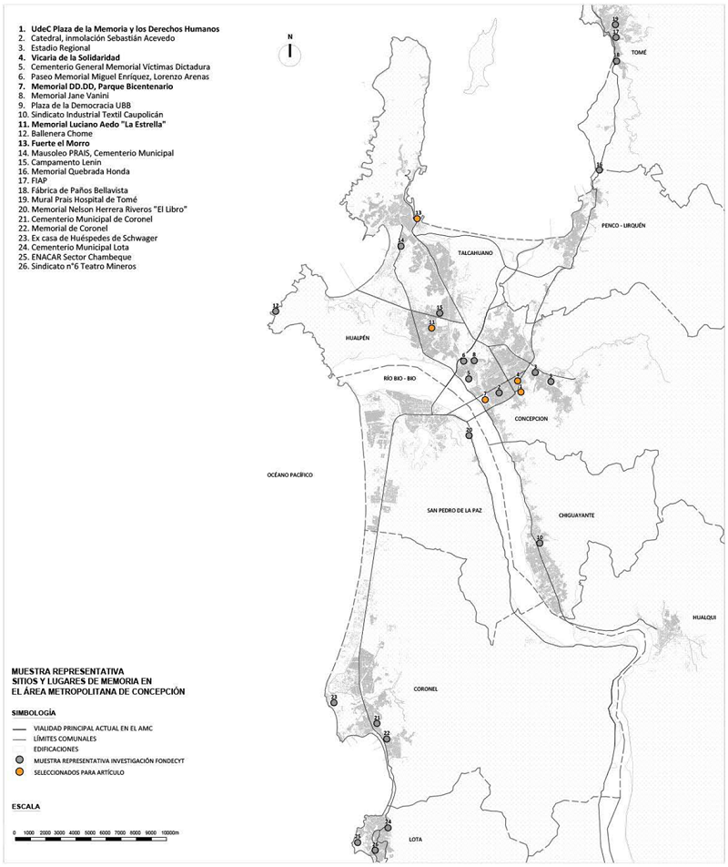 Sitios y lugares de memoria en el Área Metropolitana de Concepción seleccionados como muestra representativa para el presente artículo.