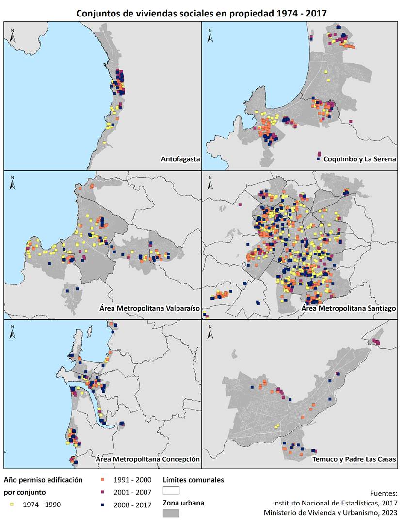 Localizacin de conjuntos de viviendas sociales segn ao de permiso (1974-2017).