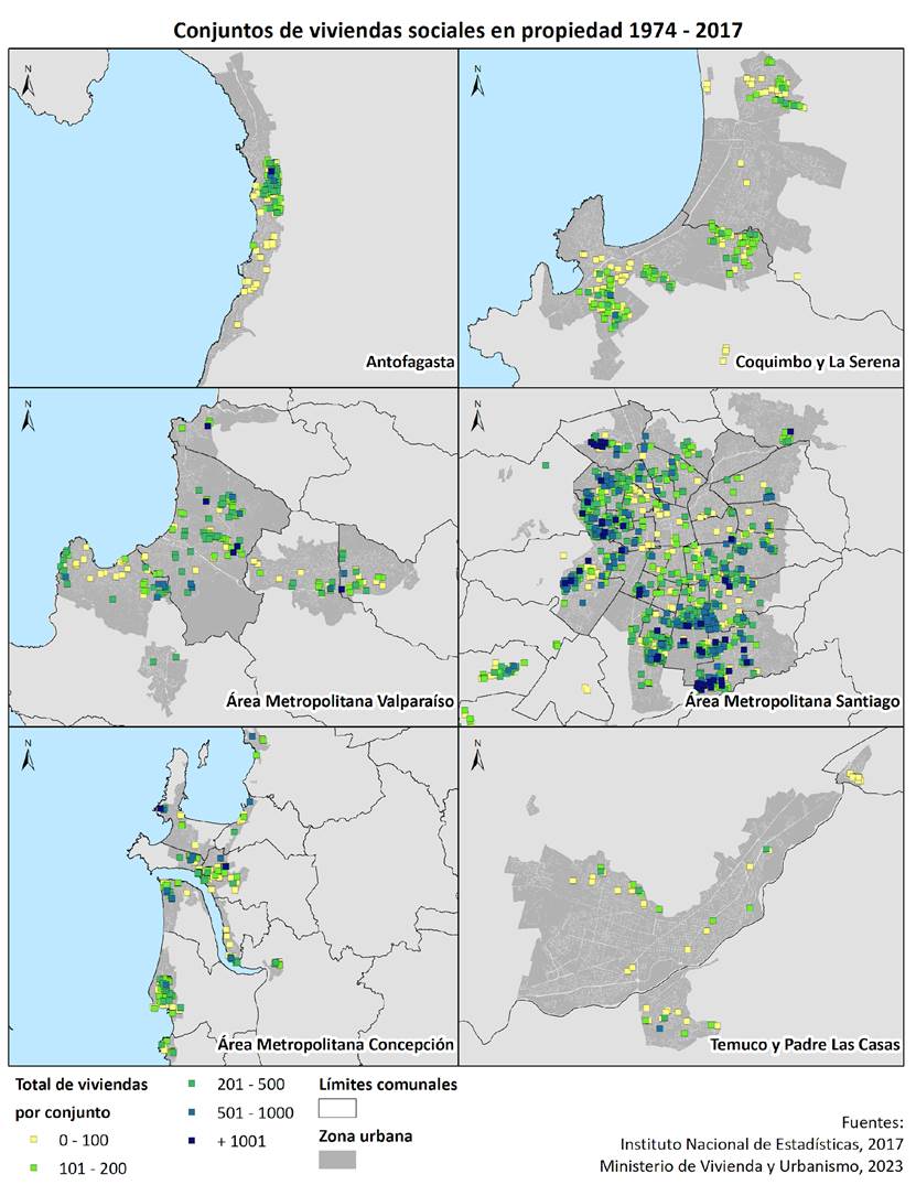Localizacin de conjuntos de viviendas sociales segn total de viviendas (1974-2017).