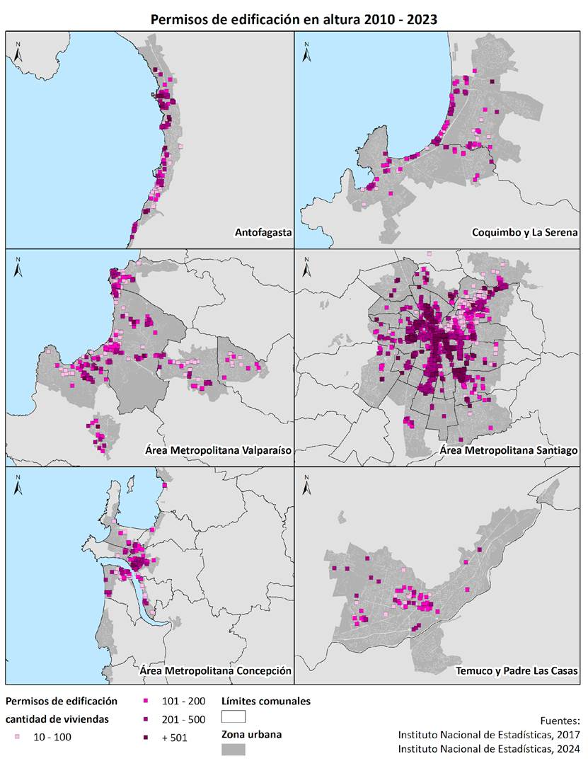 Localizacin de permisos de edificacin en altura, segn cantidad de viviendas entre 2010 y 2023.