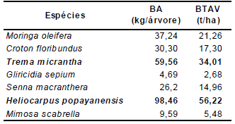 IAPAR &ndash; Londrina: resultados dos c&aacute;lculos de Biomassa Arb&oacute;rea (BA) e Biomassa Total de Arb&oacute;reas Vivas (BTAV) por esp&eacute;cie, 2014