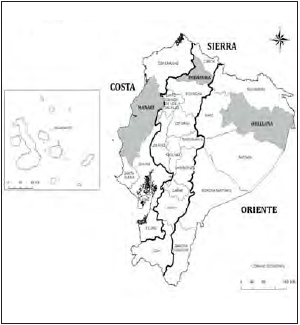 Ecuador: provincias y regiones de los sitios de investigación