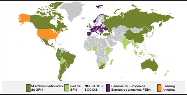 Alcance global del modelo de bancos de alimentos en el mundo (Incluye la Red Mundial de Bancos de Alimentos-GFN y sus socios, la Federaci&oacute;n Europea de Bancos de Alimentos (FEBA) y Feeding America en Estados Unidos).