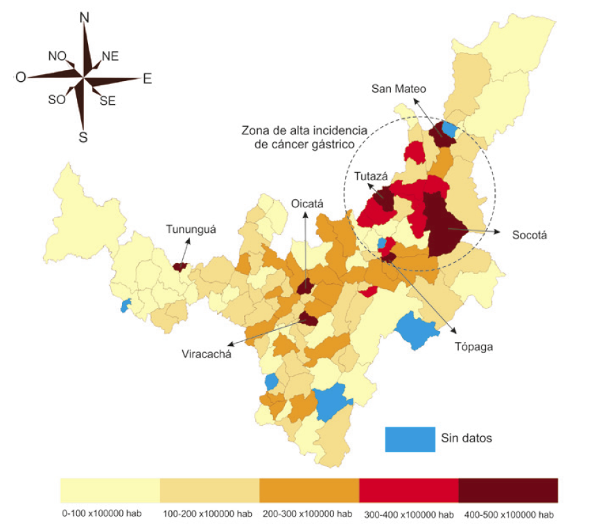 Mapa de la incidencia acumulada de c&aacute;ncer g&aacute;strico
por municipios en Boyac&aacute; en el per&iacute;odo 2010-2015.