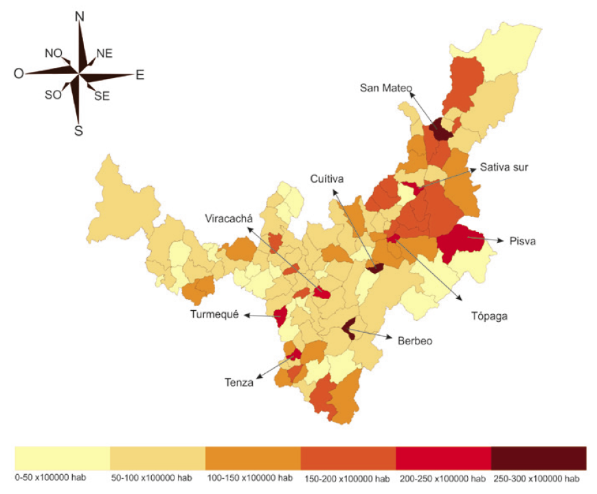 Mapa de la mortalidad de c&aacute;ncer g&aacute;strico por municipios en Boyac&aacute;
en el per&iacute;odo 2010-2015.