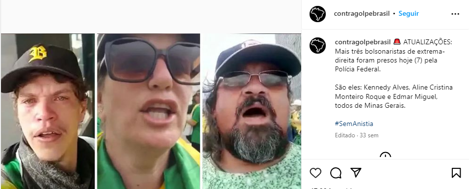 �ltima publicaci�n en el perfil de @contragolpebrasil, con una actualizaci�n sobre las detenciones de partidarios de Bolsonaro implicados en el intento de golpe de Estado.