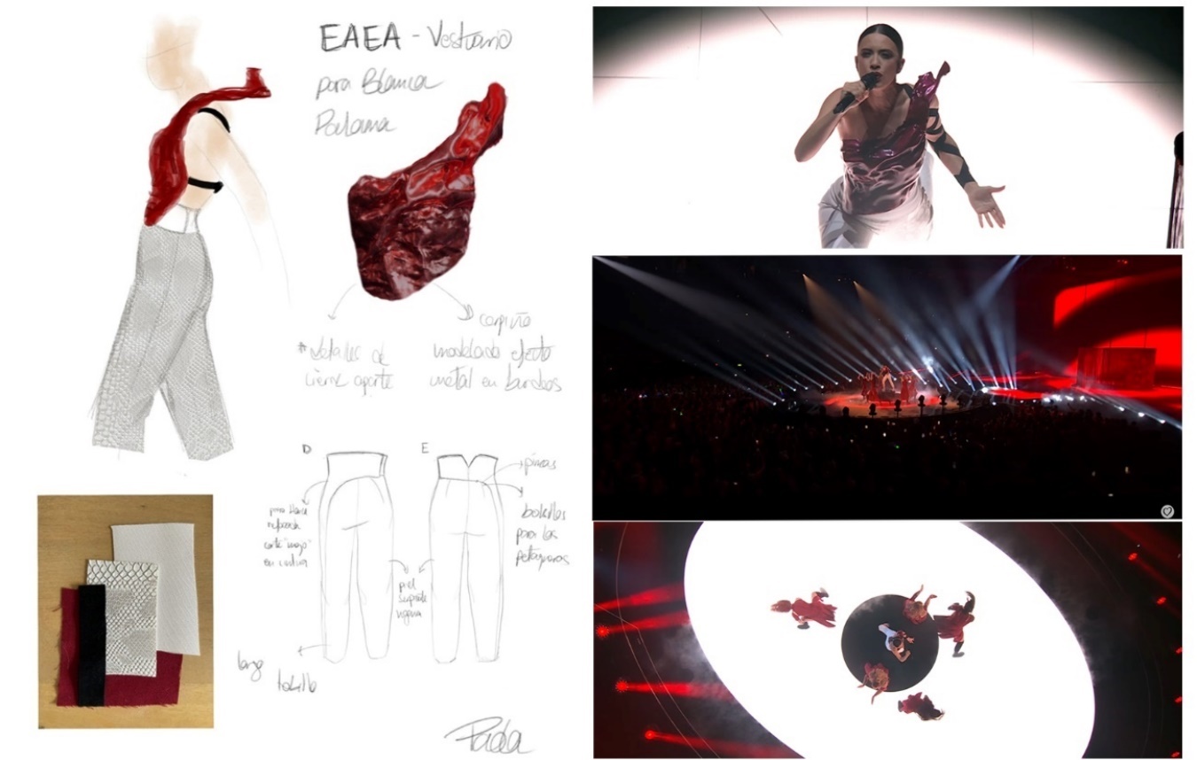 Bocetos del vestuario de la intrprete (izquierda) Blanca Paloma interpreta “Eaea” en la gala final de Eurovisin (Liverpool, 13 de mayo de 2023) (derecha).