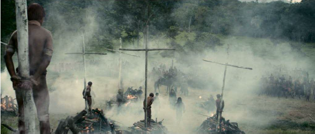 Rodaje de la muerte
de Hatuey y otros ind&iacute;genas en la hoguera (Tambi&eacute;n la
lluvia, Morena Films, Paramount Pictures,
2010).