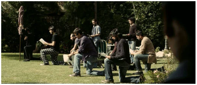 Ensayo en el hotel
de la escena del descubrimiento (Tambi&eacute;n la lluvia, Morena Films, Paramount Pictures, 2010).