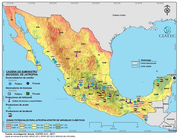 Ubicaci&oacute;n de principales elementos de cadena de suministros de biodi&eacute;sel a partir de Jatropha.