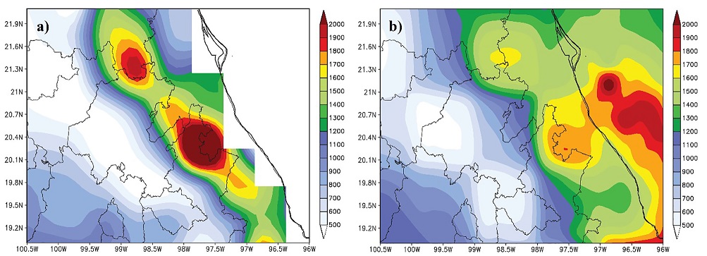 Climatolog&iacute;a de Precipitaci&oacute;n acumulada anual (mm), para los periodos: a) 1973-2002 (UNAM), y b) 1998-2014 (TRMM).