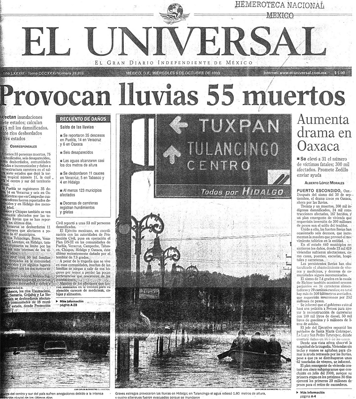 Primera plana del peri&oacute;dico El Universal del d&iacute;a mi&eacute;rcoles 06 de octubre de 1999, obtenida de la Hemeroteca Nacional.