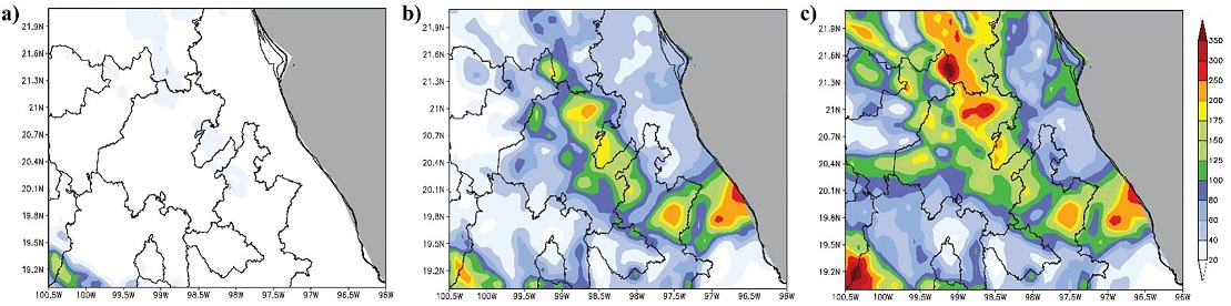 Pron&oacute;stico (WRF) para precipitaci&oacute;n acumulada (mm) a partir de las 0Z del d&iacute;a 21/08/2007 (19:00 horas local de verano del 20/08/2007): a) para 24 horas, b) 48 horas, c) 72 horas. IGg-UNAM.