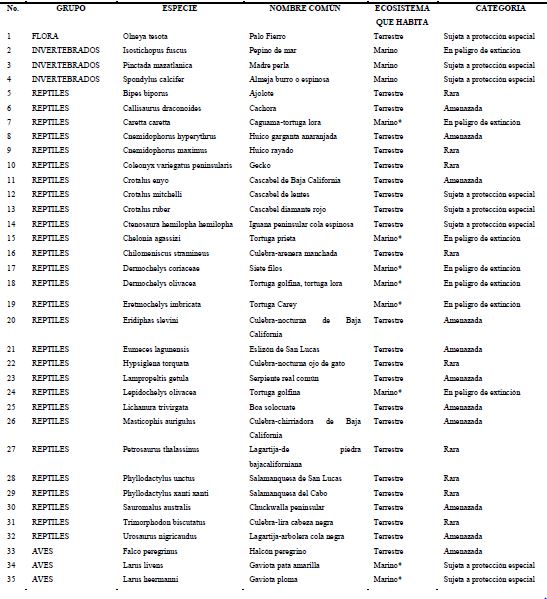 Especies amenazadas sujetas a protecci&oacute;n especial y raras, seg&uacute;n la NOM-059-SEMARNAT-2001, presentes en el &aacute;rea protegida y en &aacute;reas terrestres cercanas a &eacute;sta.