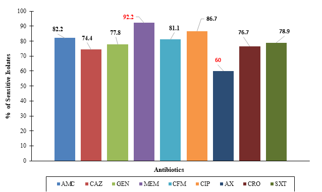 Antibiotic sensitivity (%) among Proteus strains isolated in Sudan: amoxiclav (AMC), ceftazidime (CAZ), gentamicin (GN), meropenem (MEM), cefotaxime (CFM), ciprofloxacin (CIP), amoxicillin (AX), ceftriaxone (CRO) and cotrimoxazole (SXT).