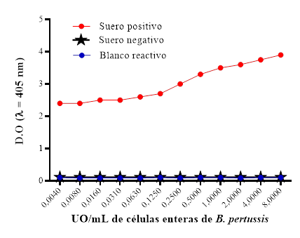 Determinación de la concentración de recubrimiento de células enteras de B. pertussis (UO/mL). D.O: densidad óptica.