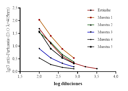 Paralelismo. Respuesta de IgG de células enteras de B. pertussis. Se grafican los valores de densidad óptica (D.O) de IgG en función de los logaritmos de las diluciones.
