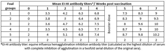 Mean hemagglutination inhibition equine influenza antibody titers in sera of vaccinated foals.