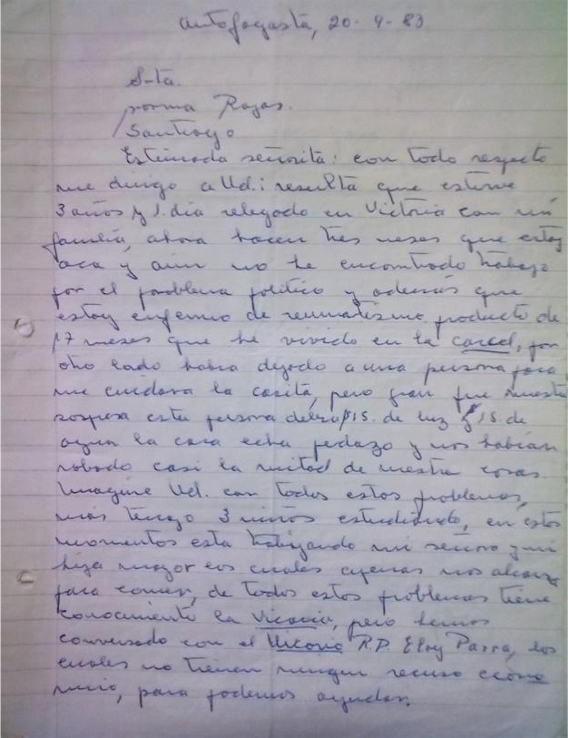 Carta de Domingo Ceriche a Norma Rojas, trabajadora social de la Vicara de la Solidaridad. Antofagasta, 20 de mayo de 1983