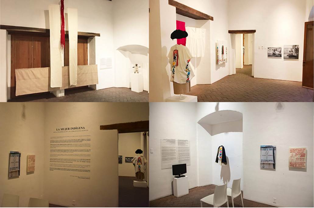 Parte del montaje de la exposicin “Lhall xallona llun lliu'tuse, llunen lliu walh / Vestir tambin es un territorio de lucha”,  albergada en el Museo Textil de Oaxaca