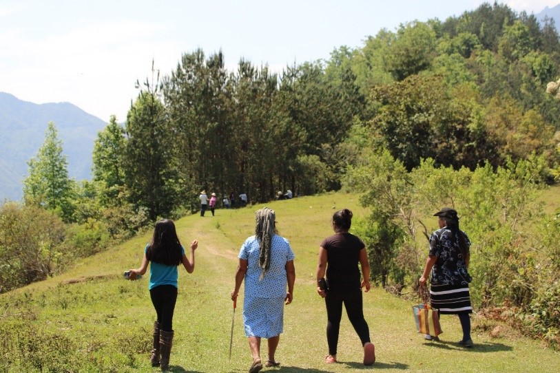 Integrantes del grupo Orqudeas dialogando con nias  de la comunidad durante el transecto