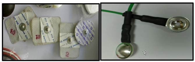 Electrodos de superficie (di&aacute;metro d=1 cm) empleados en la fase experimental. Izquierda: Electrodos desechables de Ag/AgCl, Derecha: Electrodos reusables de Ag pura con d=1 cm.