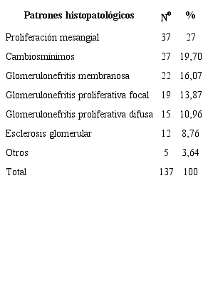 Distribuci&oacute;n seg&uacute;n patrones histopatol&oacute;gicos de la NL