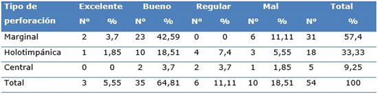 Distribuci&oacute;n seg&uacute;n tipo de perforaci&oacute;n timp&aacute;nica con relaci&oacute;n a los resultados quir&uacute;rgicos y tiempo de tratamiento antes de la cirug&iacute;a