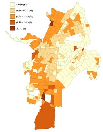 Distribución de los precios del suelo (millones de pesos colombianos/m²)