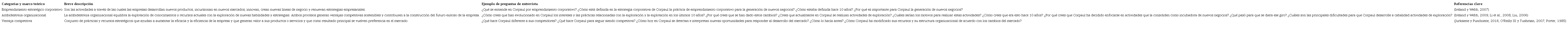 Categor�as de preguntas de la entrevista.