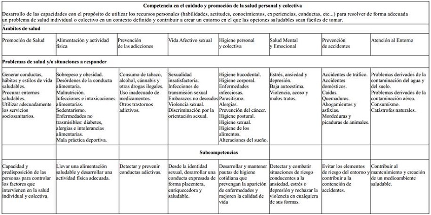 Competencias en salud personal y colectiva a adquirir en la escuela: &aacute;mbitos de salud, subcompetencias y problemas de cada &aacute;mbito
