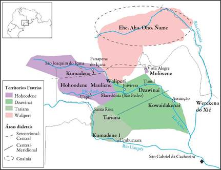 Mapa com a distribui&ccedil;&atilde;o das l&iacute;nguas, variedades, localidades, territ&oacute;rios e &aacute;reas dialetais deste estudo (elaborado a partir de Gon&ccedil;alves, 2018 e Hill, 1993)