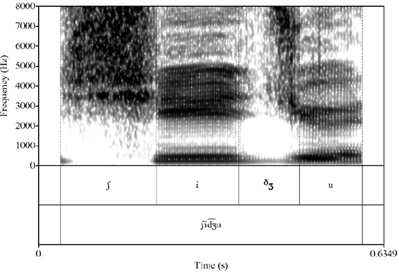 Espectrograma de la palabra /ʃid͡ ʒu/ ('u�a') realizada como [ʃ�ʒu]
