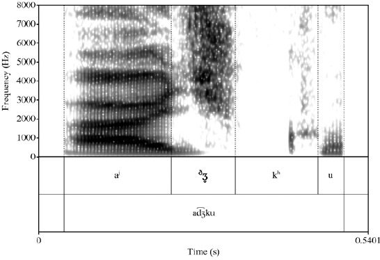 Espectrograma de la palabra /ad͡ ʒku / ('perro') realizada como [ aj �ʒ̥khu]
