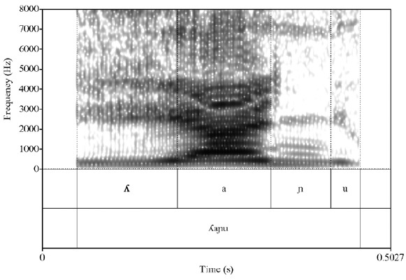 Espectrograma de la realizaci�n fon�tica de la palabra /ʎaɲu/ (&lsquo;delgado, suave, fino&rsquo;)