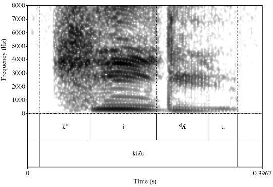 Espectrograma de la palabra /kiλu/ ('amarillo') realizada con una lateral palatal preoclusiva [dλ] en posici�n intervoc�lica