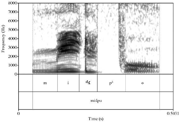 Espectrograma de la palabra /miλpu/ ('tragar') realizada con una lateral palatal preoclusiva [dλ] en posici�n de coda sil�bica