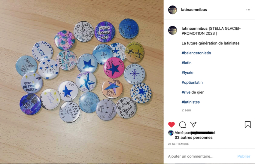 Screenshot of the 'premi�res' group's first post: "[Stella Glaciei - Promotion 2023] the future generation of Latinists"