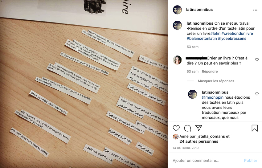 Screenshot of a former Latinist group (2019 project), showing pieces of translation cut out before being put back in order: "we get to work. Reordering a Latin text to create a book"