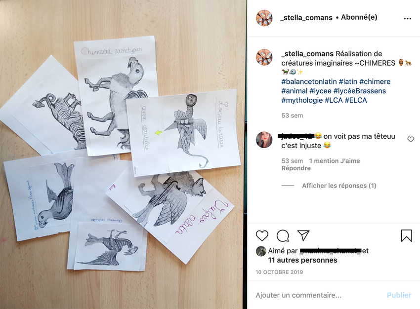 Screenshot of a former Latinist group (2019 project) showing different hybrid creatures created by the students: "realization of imaginary creatures - chimeras"