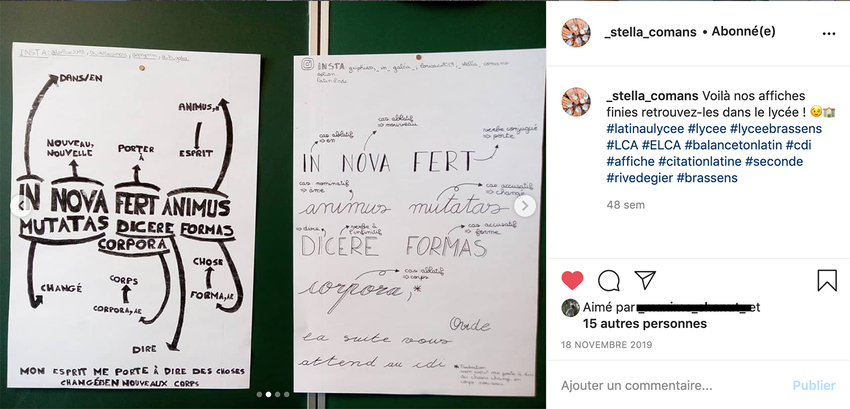 Screenshot of a former Latinist group (2019 project) showing different posters for the quote "in nova fert animus mutatas dicere formas corpora", or "here are our finished posters, find them in the school"