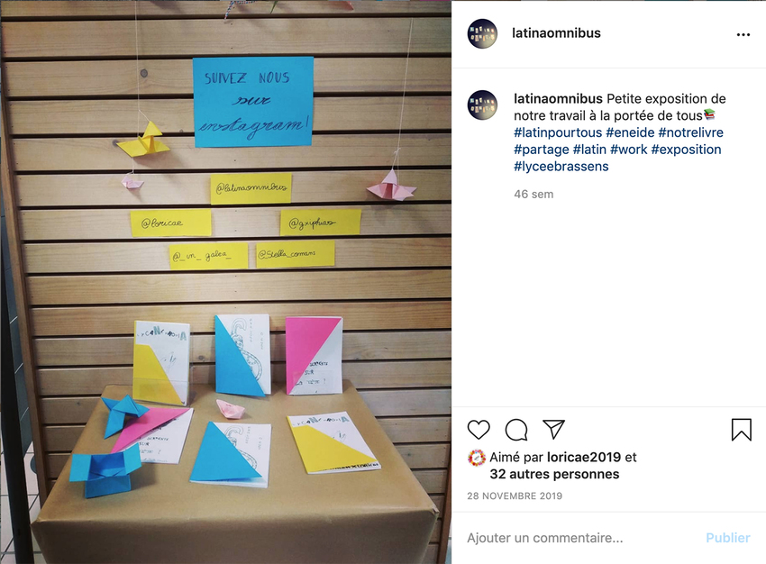 Screenshot from a former Latinist group (2019 project) showing books in an exhibition in the school library: "Small exhibition of our work accessible to all"