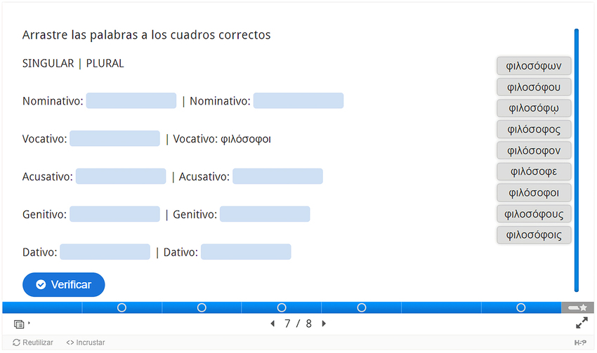 Ejercicio de declinaci�n incrustado en una presentaci�n interactiva P5H