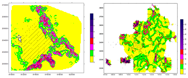 Mapas de pendiente de los yacimientos San
Felipe (izq.) y Piloto (der.).